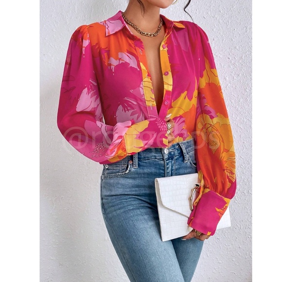 Floral Multicolor Button Down Puff Long Sleeve Sheer Shirt - Picture 2 of 7